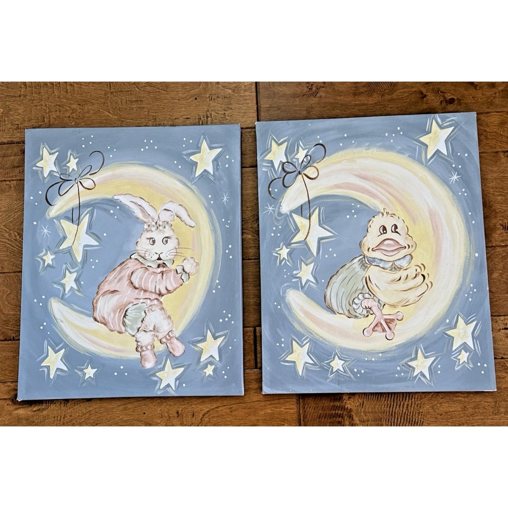 Renditions By Reesa Nursery Canvas 16x20 Set Bunny Duck Moon Stars Handpainted